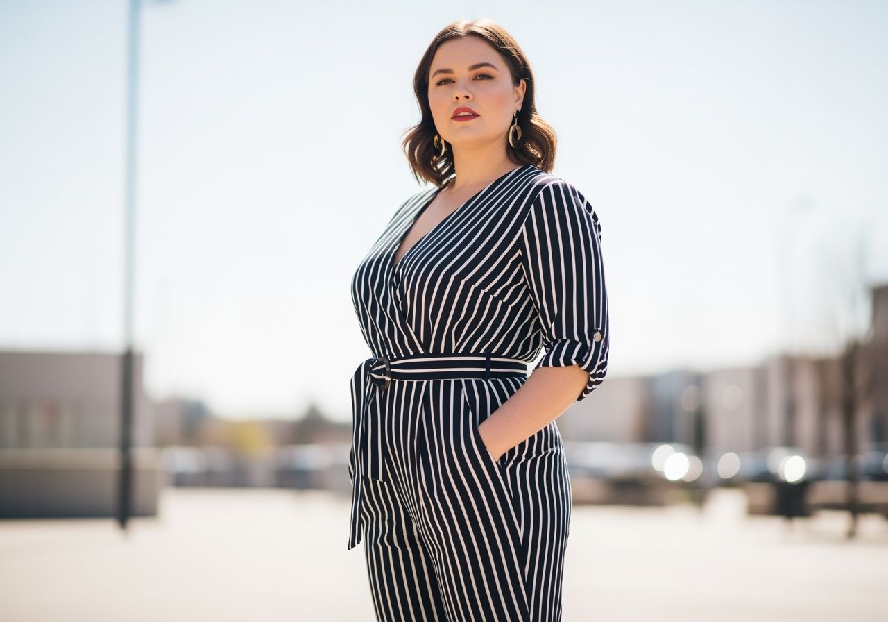 Plus size žena ve stylovém pruhovaném outfitu s páskem a výstřihem v městském prostředí