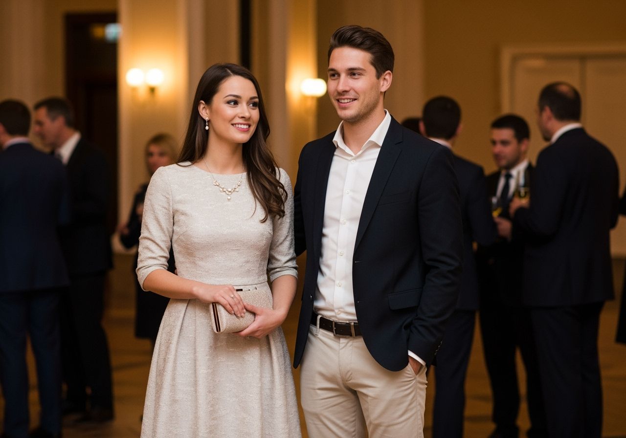 Mladý pár v elegantním oblečení na večerní události, usmívají se a vedou rozhovor.