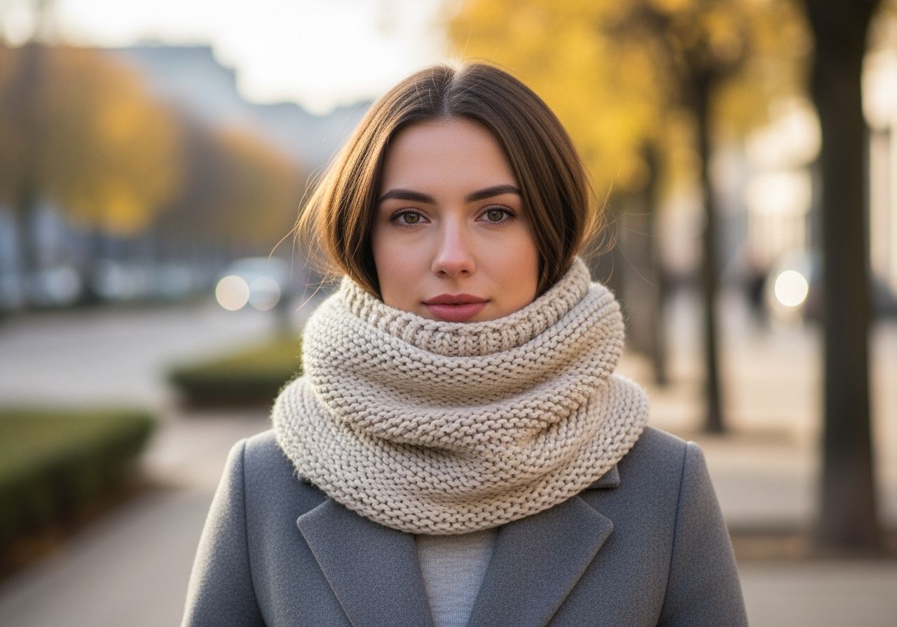 Stylová žena venku v zimním dni s pleteným nákrčníkem, městské pozadí s podzimními stromy.