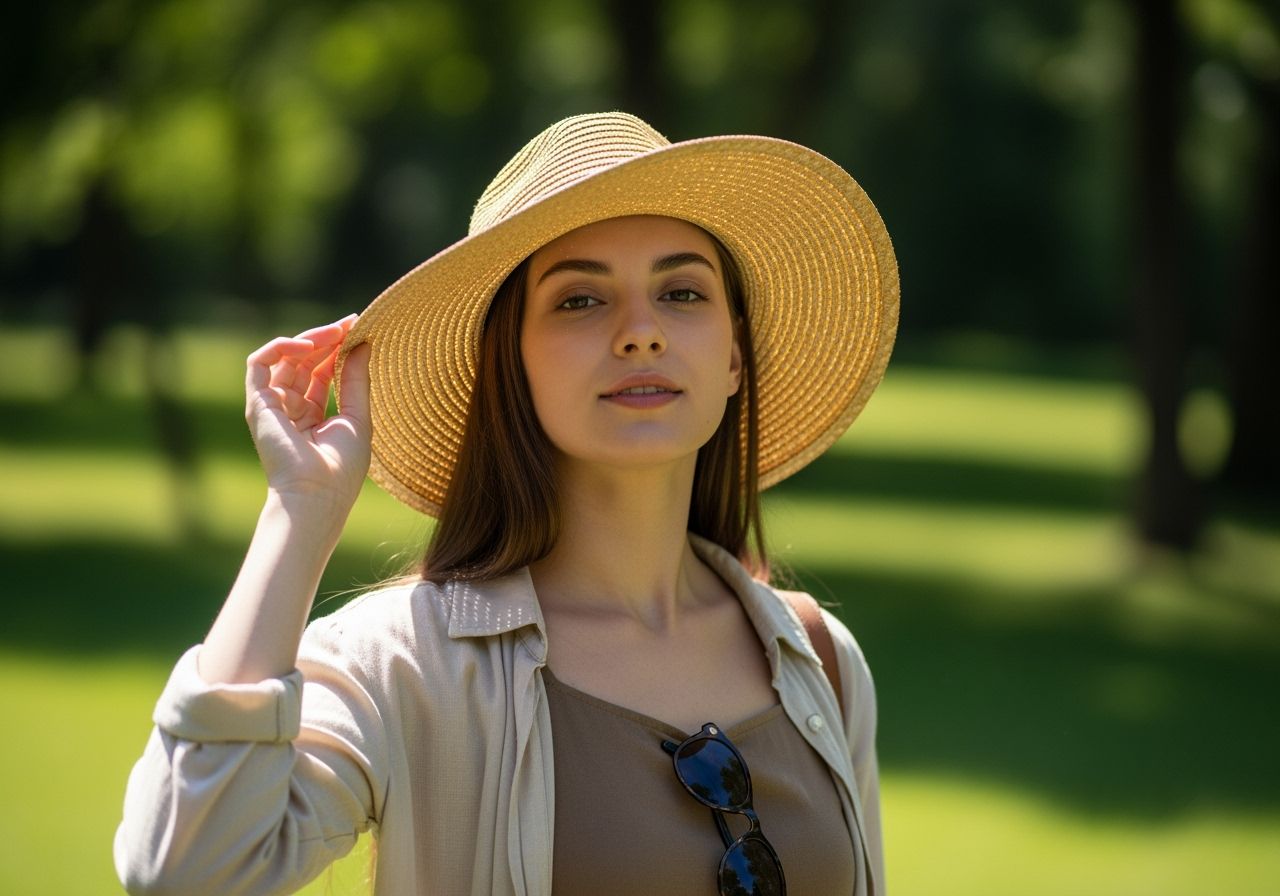 Stylová žena s slaměným kloboukem na hlavě stojí v parku za slunečného dne.