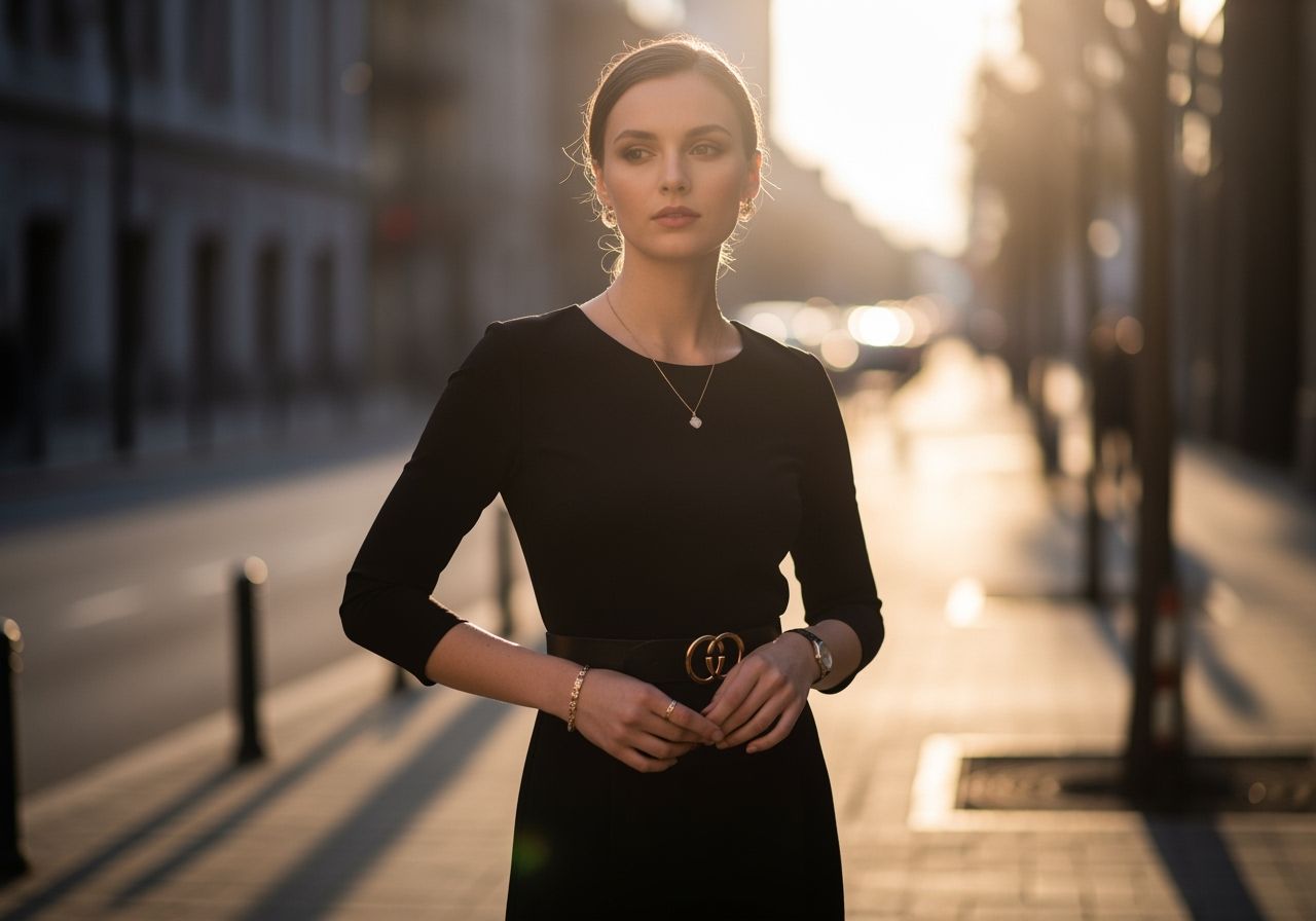 Stylová žena ve městě během zlaté hodiny ve formálním oblečení s přirozeným make-upem.