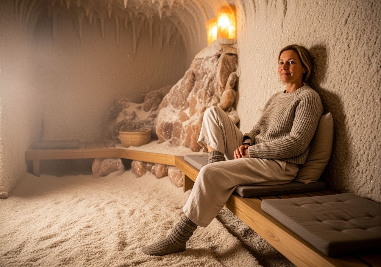 Žena sedí v solné jeskyni, oblečena v pohodlné oblečení, relaxuje na dřevěné lavici