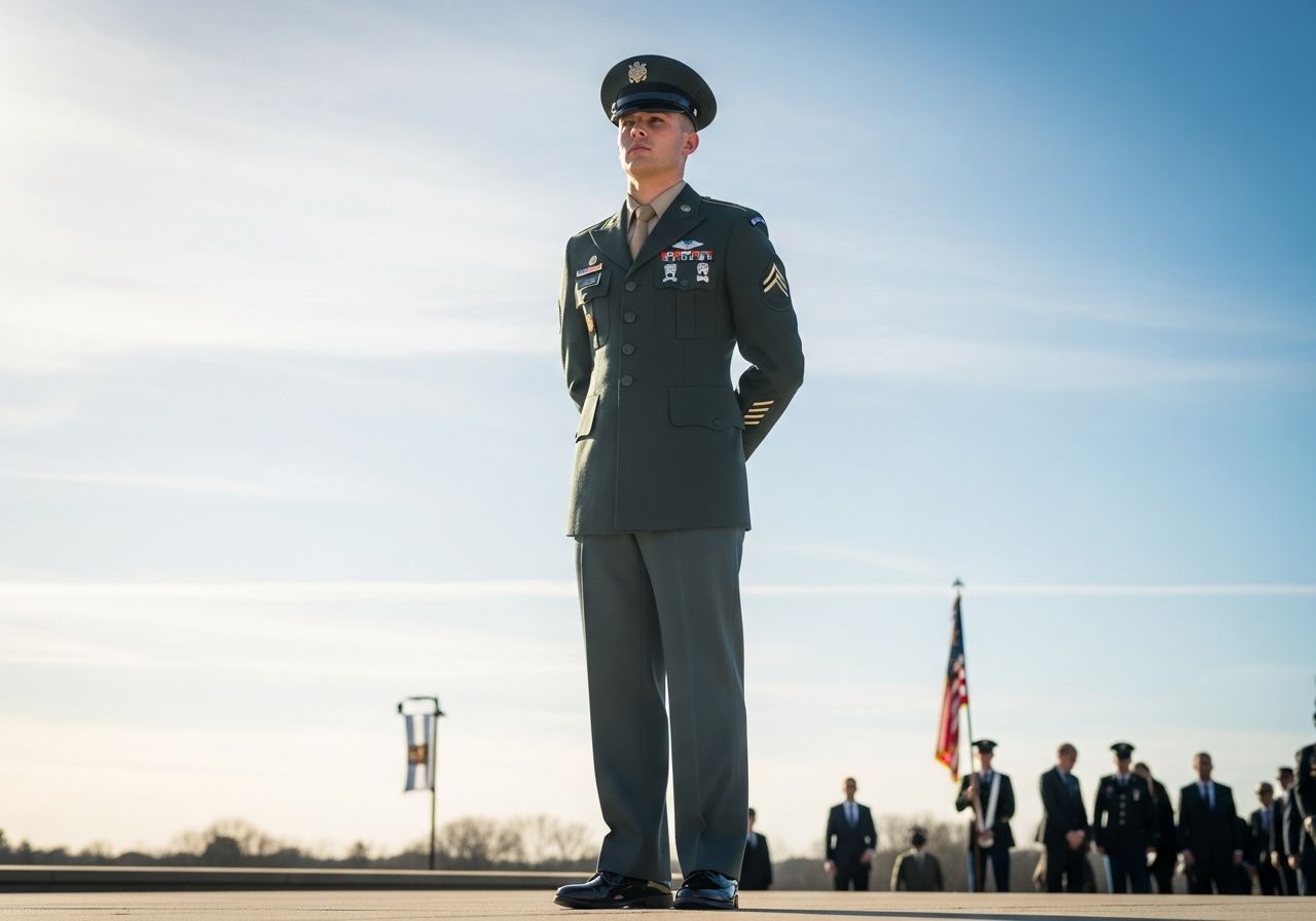 Mladý voják v ceremonální uniformě stojí venku za slunečného dne s vlajkou a diváky v pozadí