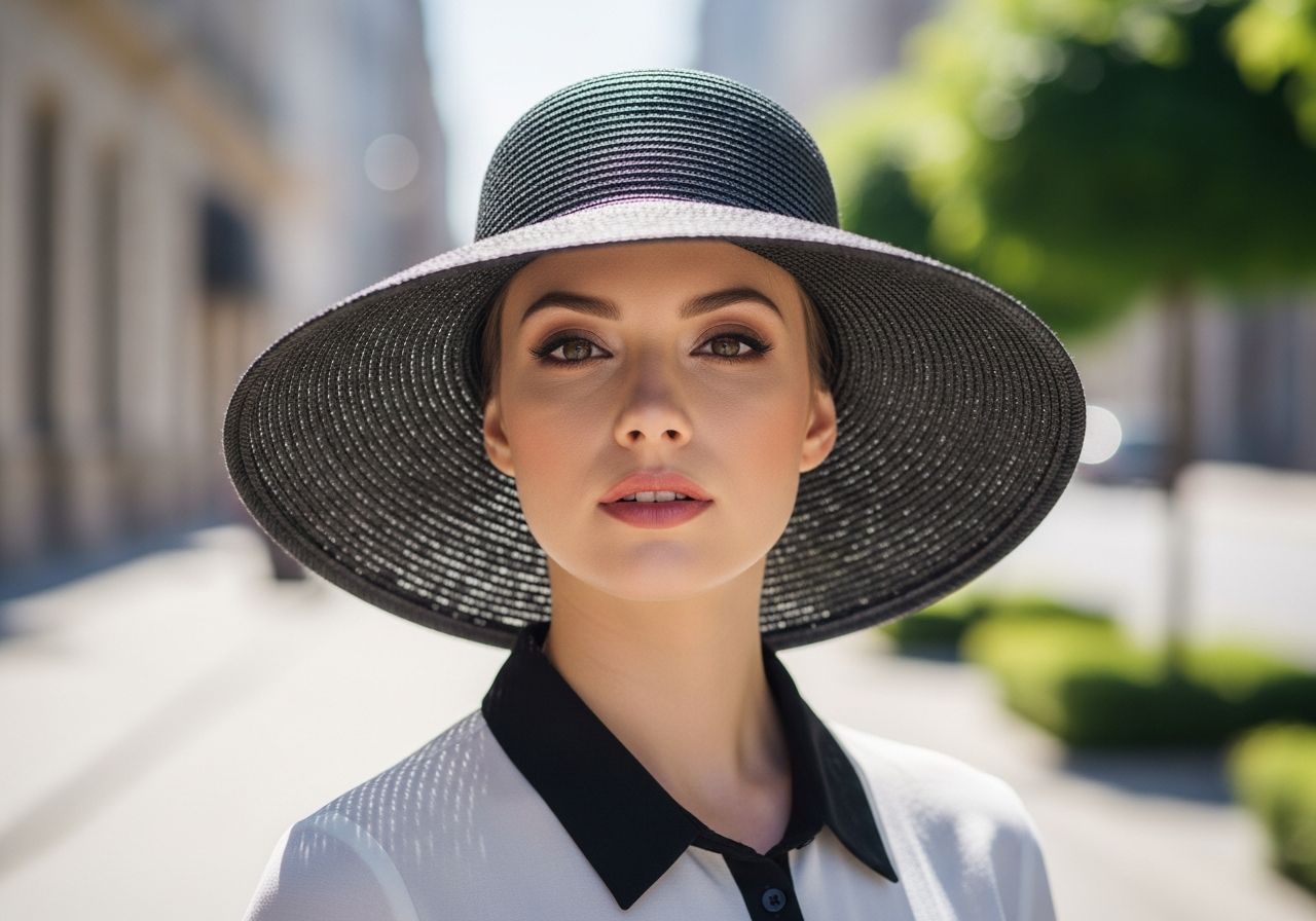 Stylová žena v elegantním klobouku na slunečné ulici s rozostřeným městským pozadím