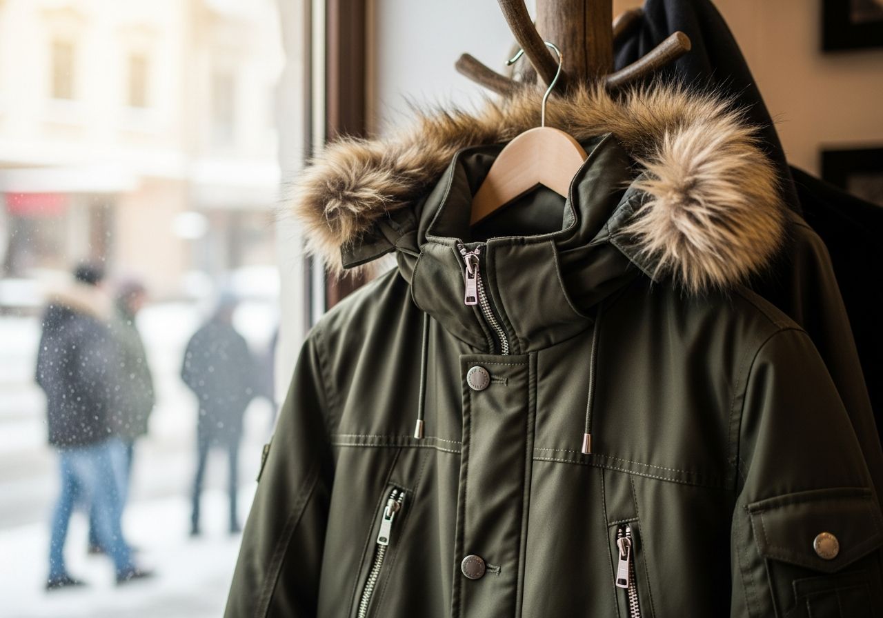 Moderní zimní parka s kožešinovou kapucí visí na dřevěném věšáku u okna se sněžením venku