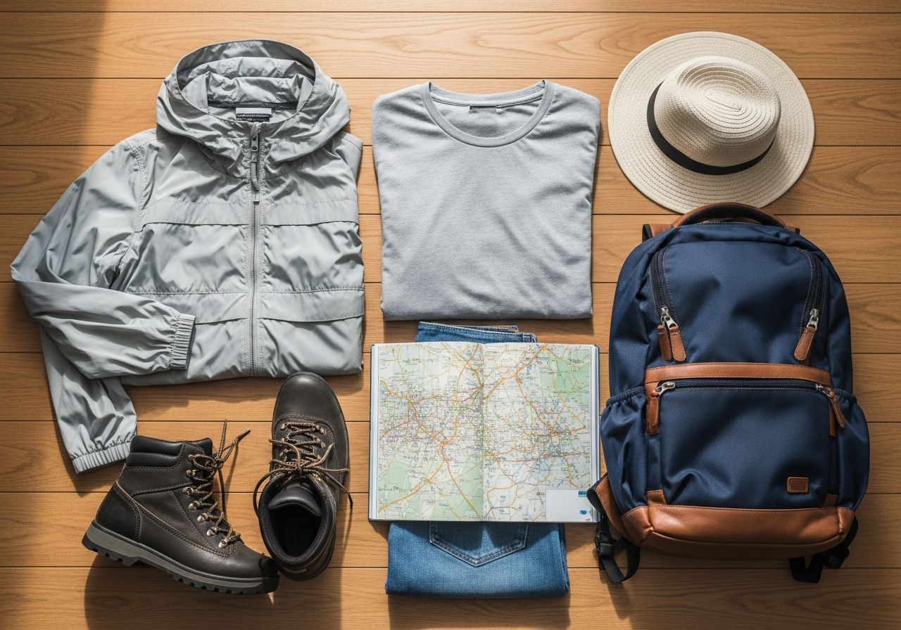 Fotorealistická fotografie cestovního outfitu s bundou, botami, tričkem, džíny, kloboukem, batohem a mapou.