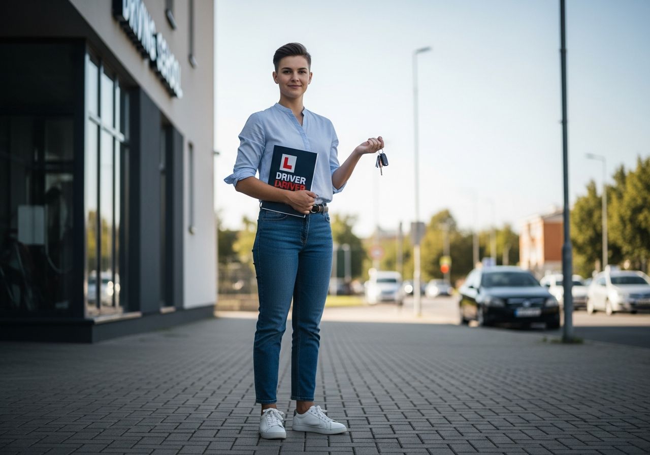 Mladý dospělý stojí před autoškolou s ŘP příručkou a klíči, připravený na jízdu.