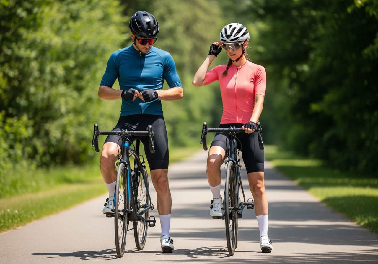 Muž a žena na kolech připravují na jízdu na slunečné stezce v cyklistickém oblečení u zeleně