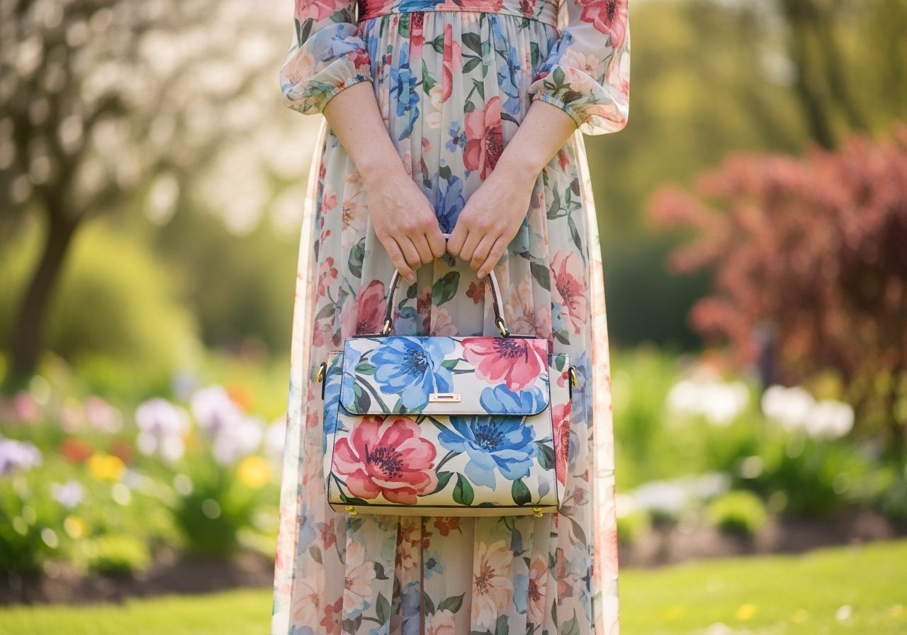 Žena v květinových šatech drží elegantní kabelku v zahradě s rozmazaným pozadím.