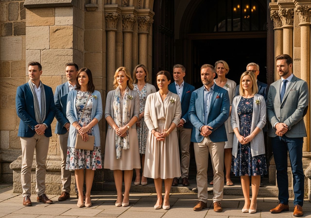 Skupina lidí v elegantním oblečení před vstupem do tradiční církve za denního světla