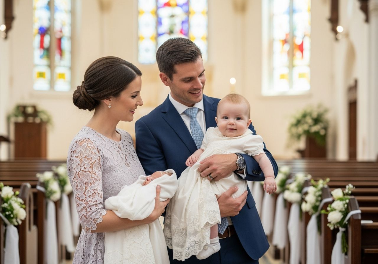 Rodina připravující se na křest dítěte v kostele, dítě v bílém rouchu držené rodiči.