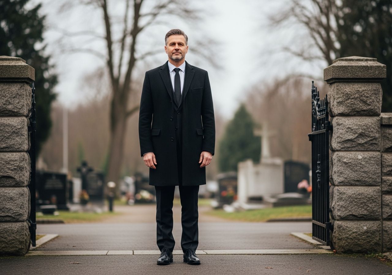 Muži v černém obleku stojí u vchodu na hřbitov za zamračeného počasí.