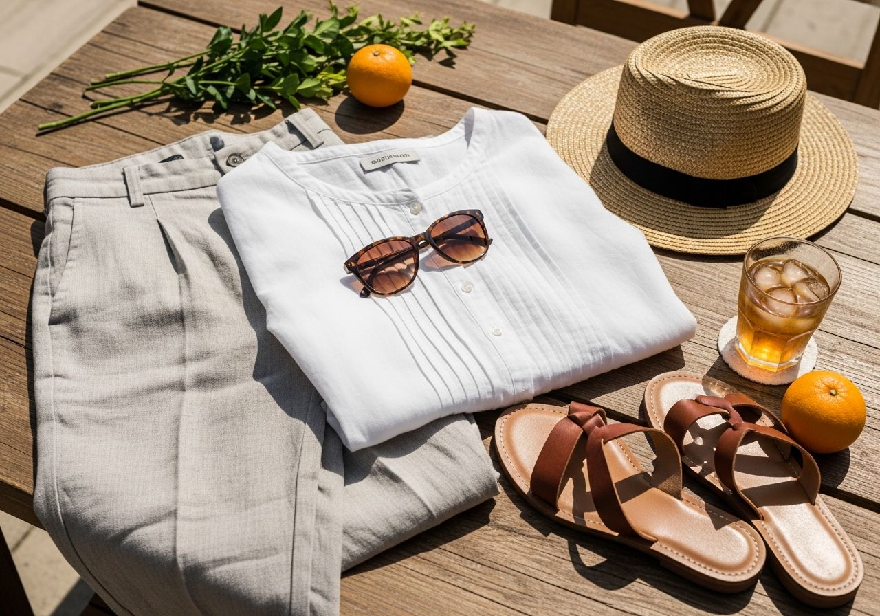 Letní outfit na dřevěném stole: lněné kalhoty, bílá halenka, slamá klobouk, sandály a brýle.