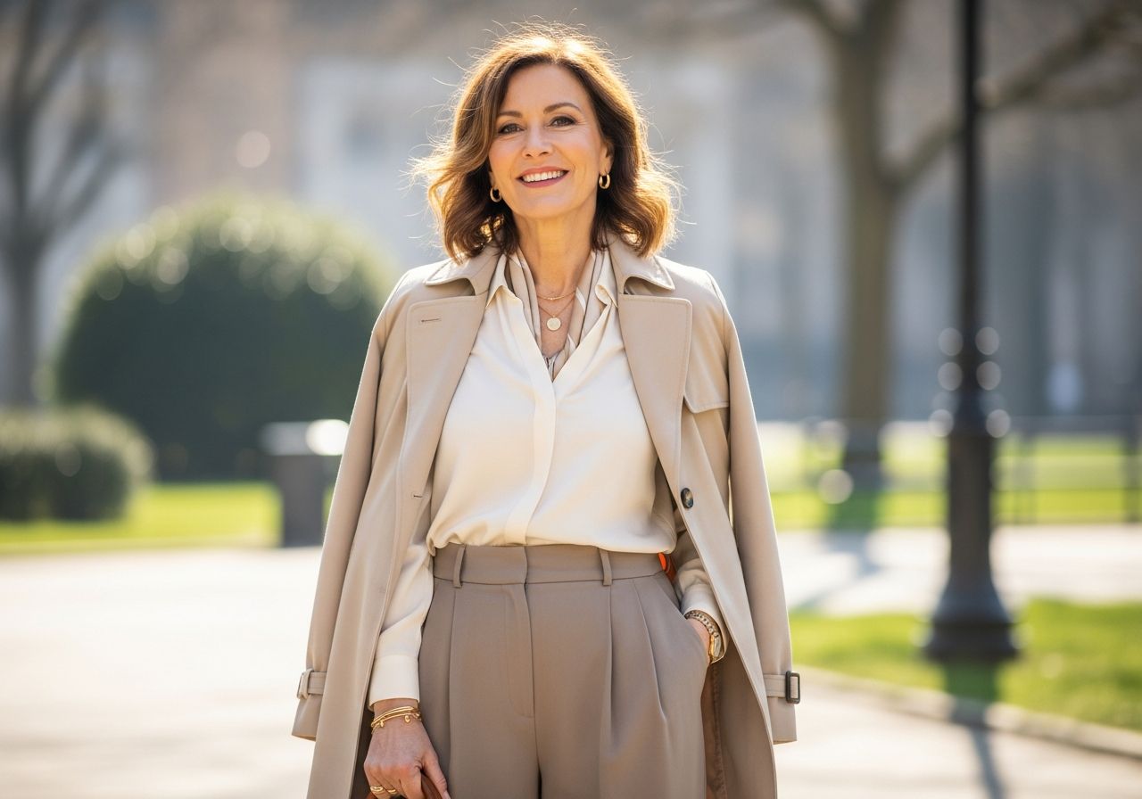 Žena středního věku v elegantním kabátu stojí venku v parku s taškou a usměvavým výrazem.