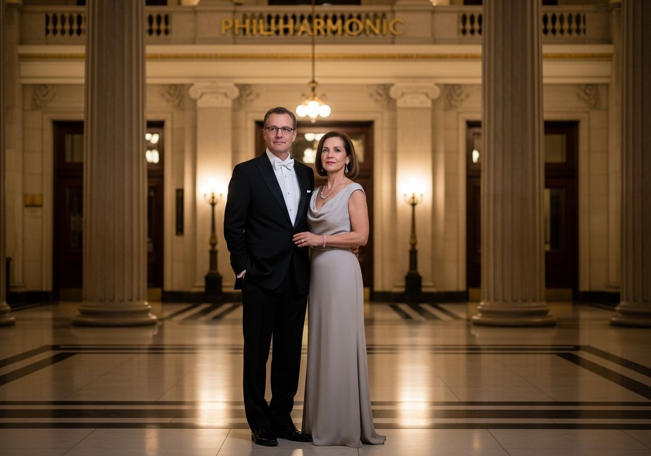 Elegantní pár před vchodem do filharmonie večer s jemným osvětlením a dekorativním prvky pozadí