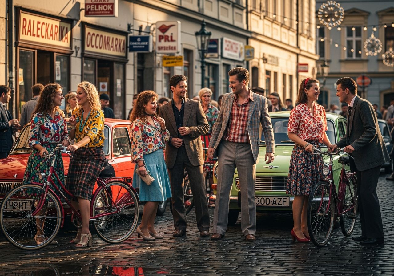 1980s česká uliční oslava s lidmi v retro oblečení, staré auta a koloběžky na dlažebních kostkách