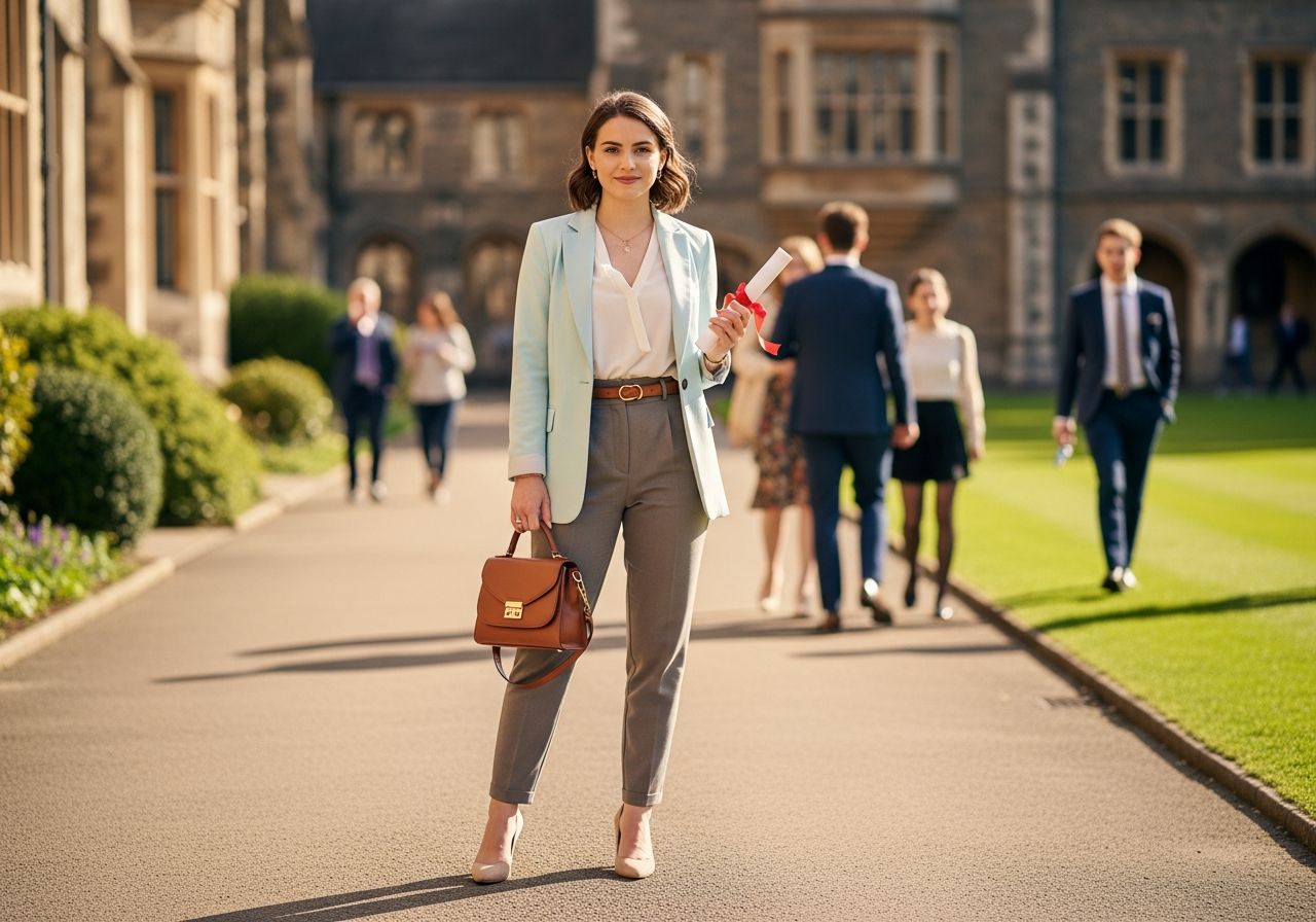 Mladá žena s diplomem ve světlém saku na univerzitním kampusu během promoce