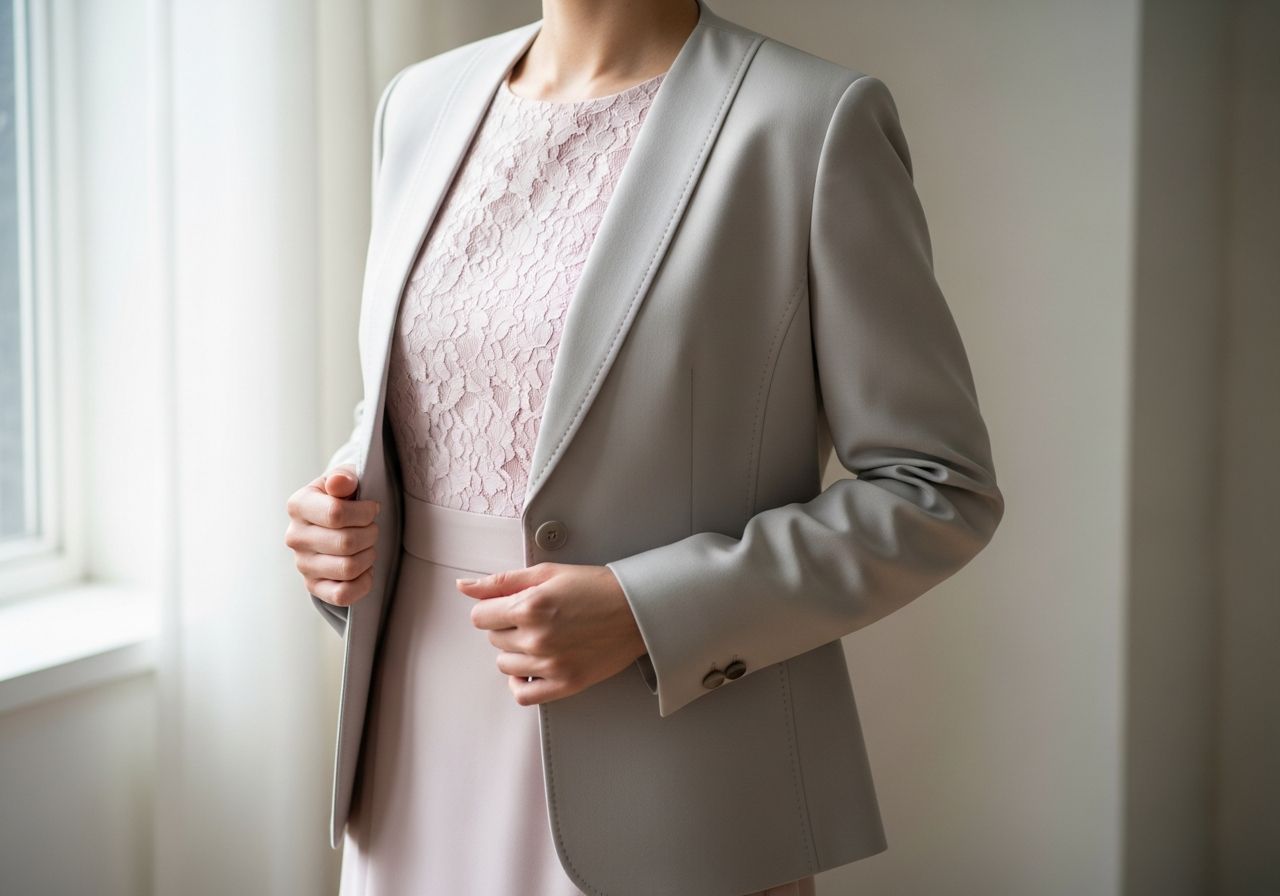 Stylová žena v pastelově růžových šatech s elegantním béžovým sako v jemně osvětleném interiéru
