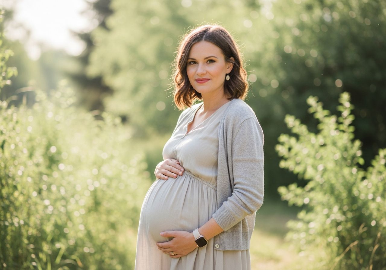 Těhotná žena venku v pohodlném oblečení drží břicho, v přírodním světle, s jemným pozadím zeleně