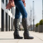 Stylové klínové boty na nohách ženy v džínech a blůze v městském prostředí při denním světle