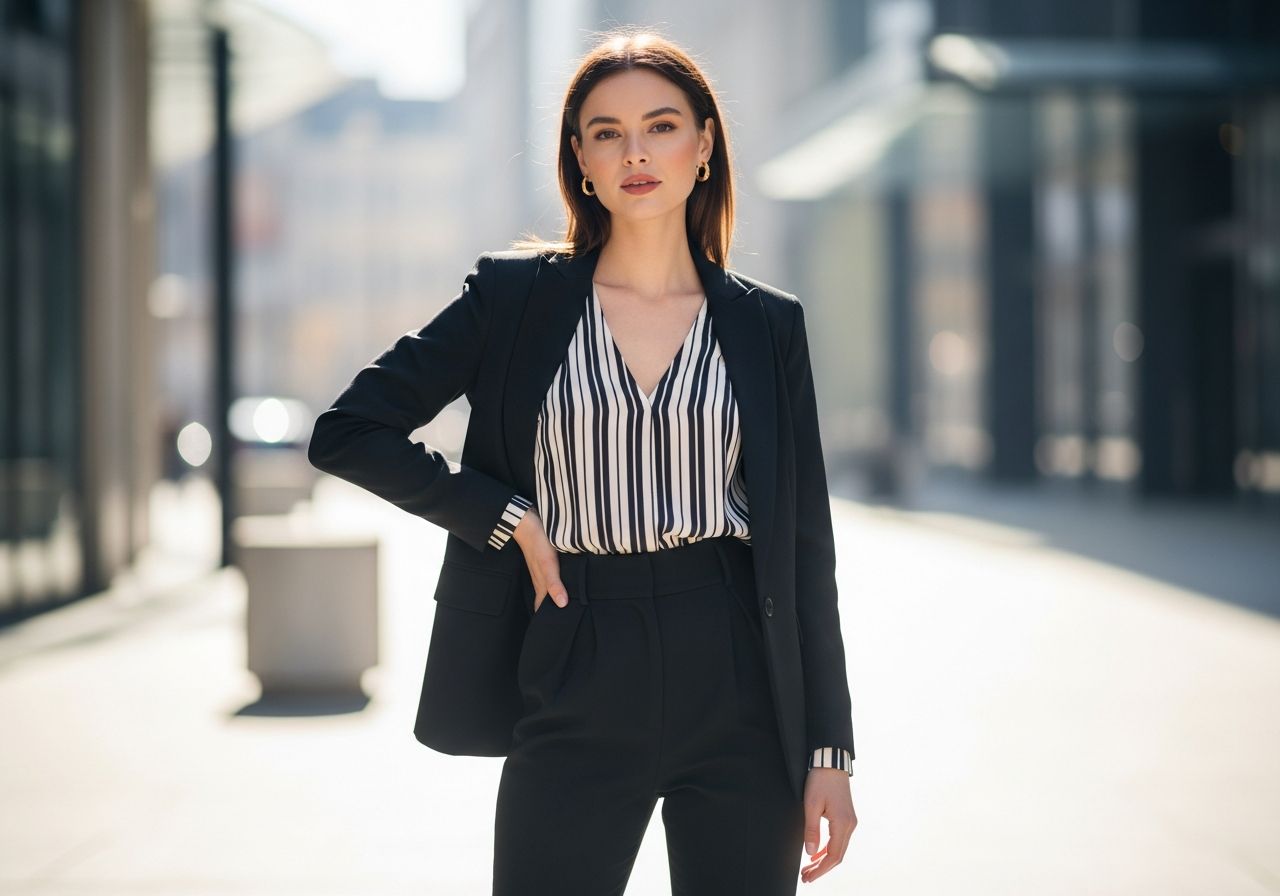 Mladá žena v elegantním oblečení stojí ve městě, jemné světlo zdůrazňuje její postavu.