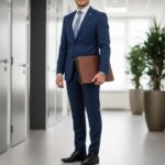 Mladý profesionál v modrém obleku drží kožené portfolio v moderní kancelářské chodbě.