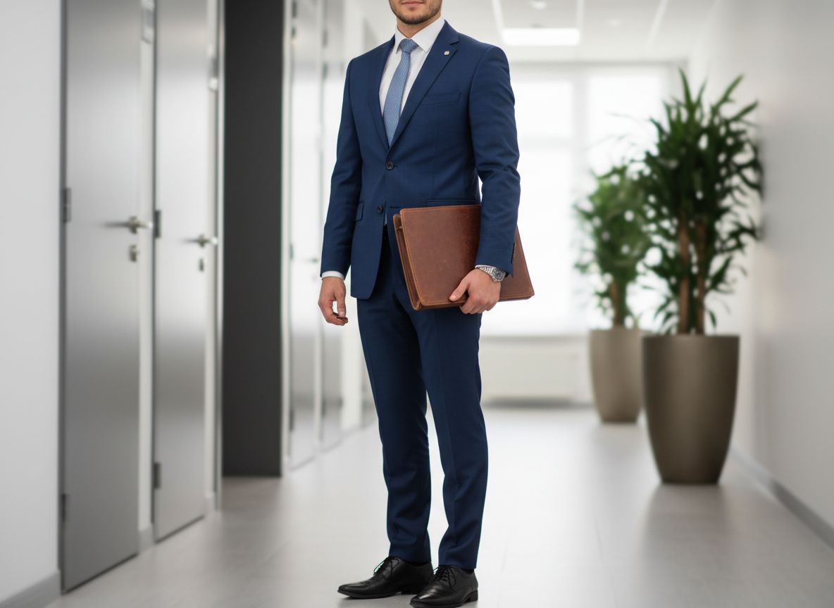 Mladý profesionál v modrém obleku drží kožené portfolio v moderní kancelářské chodbě.