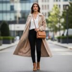Mladá žena v černých legínách a béžovém trenčkotu stojí na ulici s crossbody taškou a zlatými šperky.