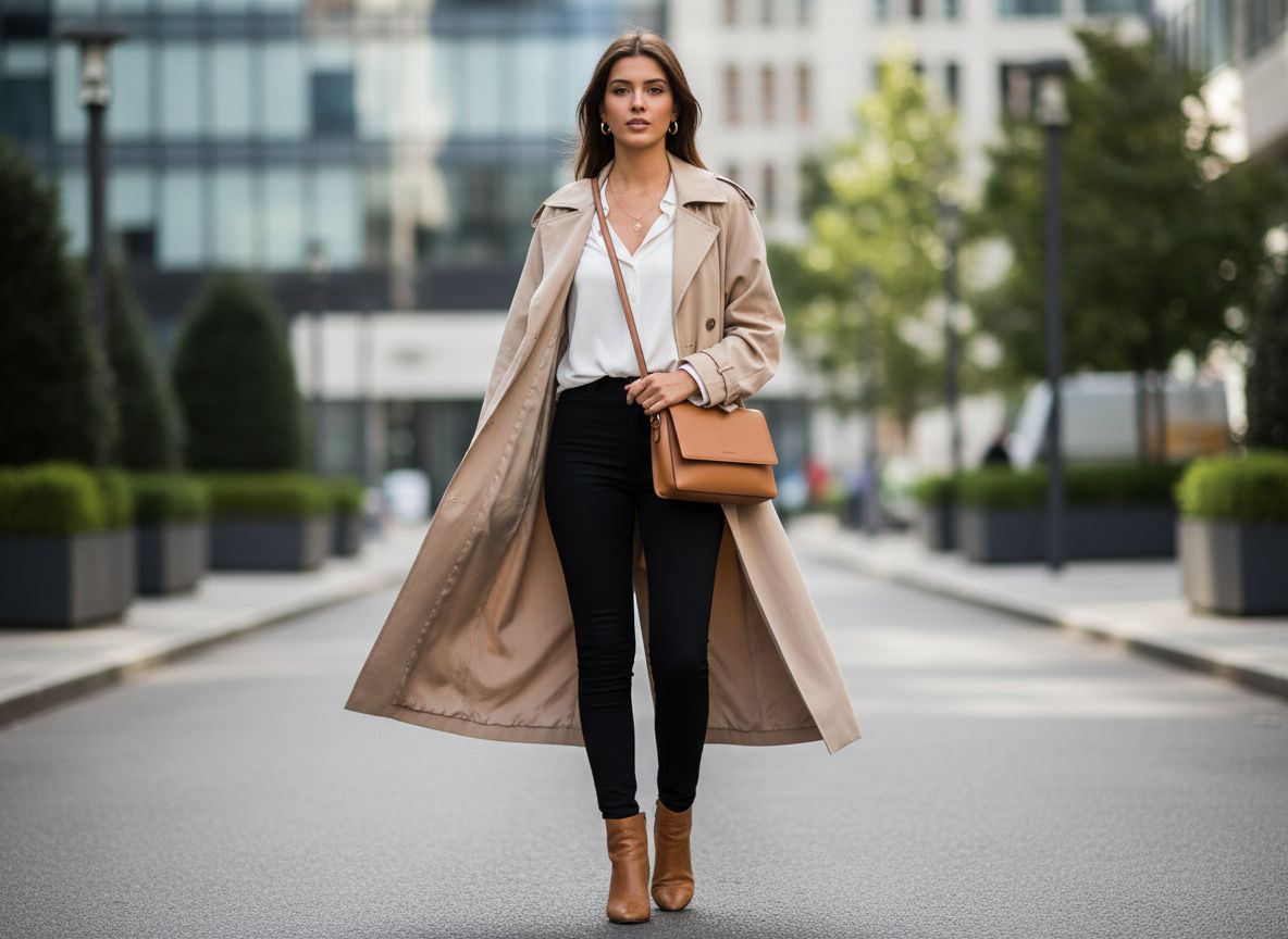 Mladá žena v černých legínách a béžovém trenčkotu stojí na ulici s crossbody taškou a zlatými šperky.
